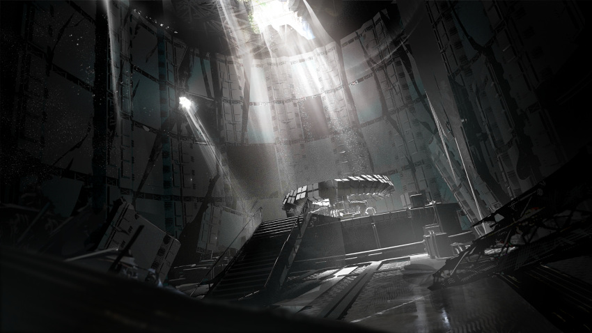 arknights, dark, game_cg, highres, hole, no_humans, official_art, pcs_system_(arknights), railing, ruins, spotlight, stairs, third-party_source, underground