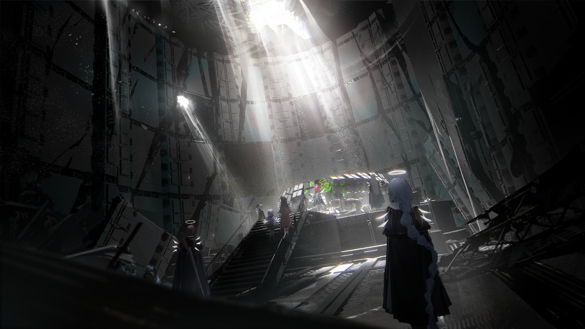 2boys, 5girls, arknights, black_cloak, blue_hair, cloak, dark, detached_wings, dress, energy_wings, exusiai_(arknights), exusiai_the_new_covenant_(arknights), game_cg, halo, highres, holding, idida_(arknights), long_skirt, multiple_boys, multiple_girls, official_art, pcs_system_(arknights), purple_dress, purple_hair, railing, red_hair, red_skirt, ruins, skirt, spotlight, stairs, standing, third-party_source, underground, wings