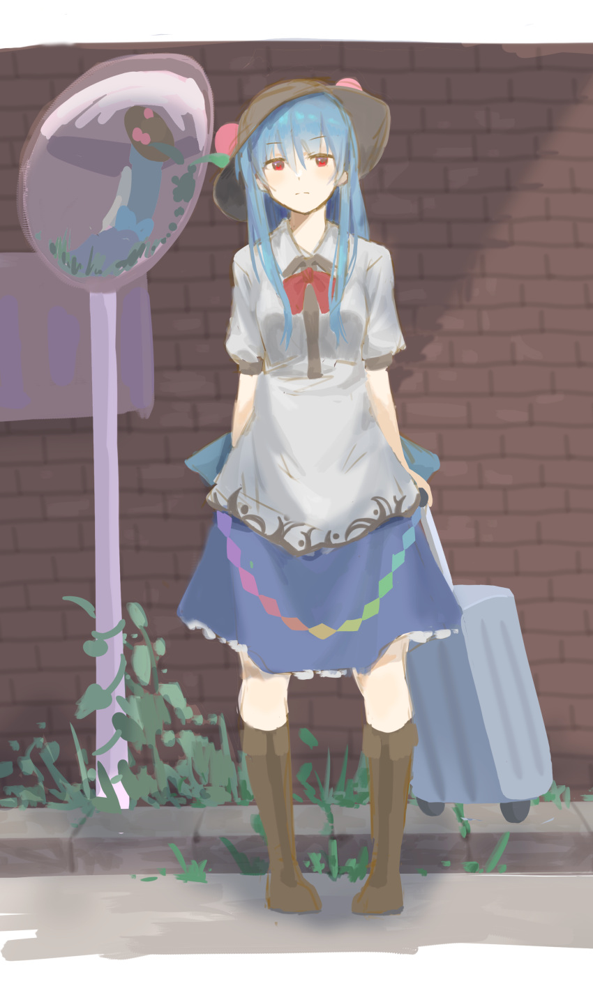 1girl, absurdres, blue_hair, boots, bow, bowtie, breasts, brown_boots
