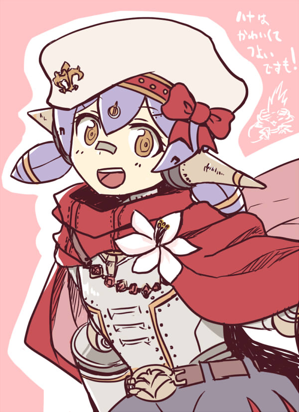 1girl, :d, android, belt, belt_buckle, beret, bow, brown_belt