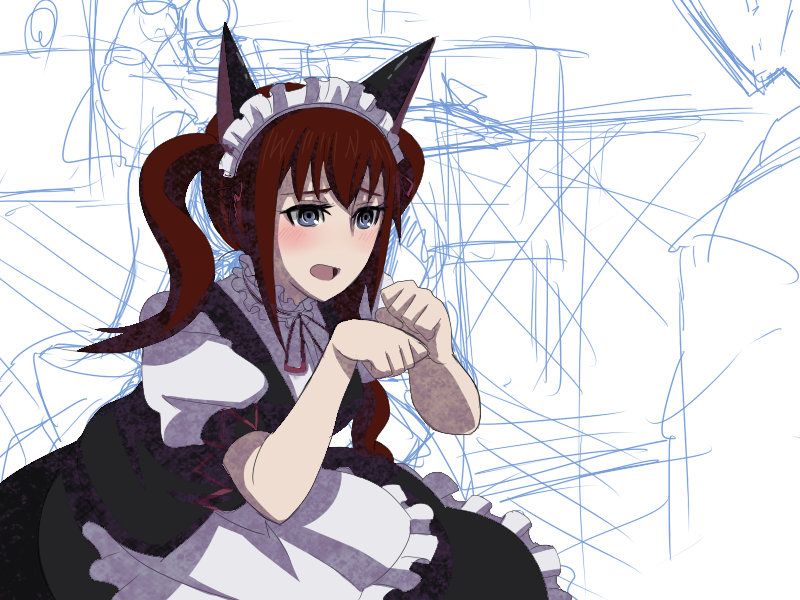 alternate_hairstyle, animal_ears, blue_eyes, blush, cat_ears, headdress, long_hair, maid