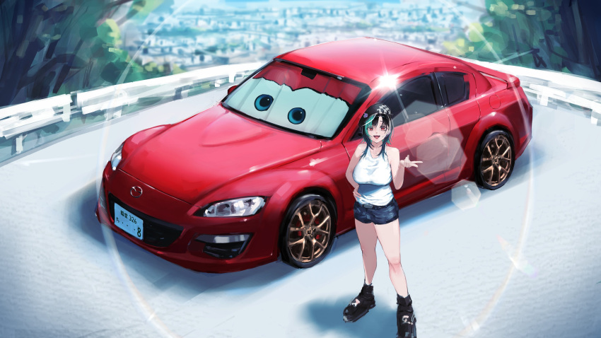 1girl, absurdres, black_hair, black_shoes, blue_shorts, breasts, car, cars_(movie)