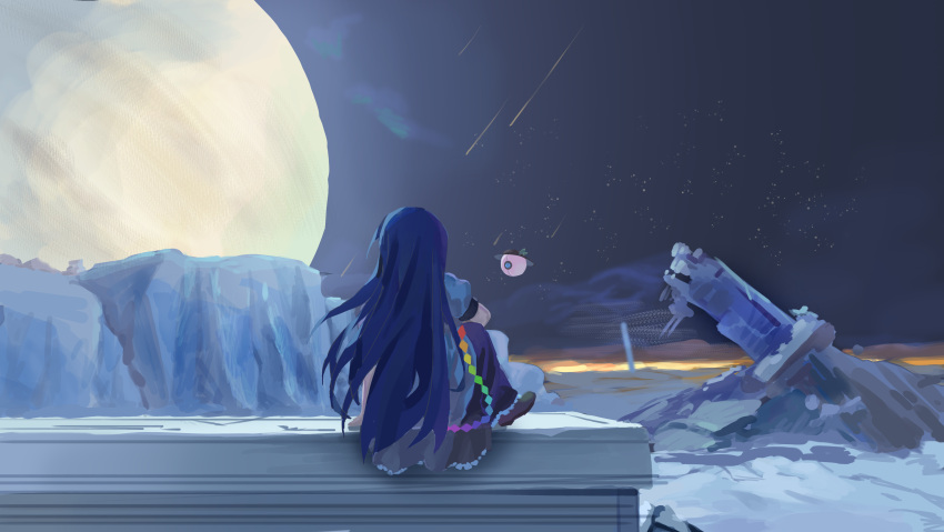 1girl, absurdres, blue_hair, commentary, destiny_(game), drone, english_commentary, europa_(moon), highres, hinanawi_tenshi, long_hair, night, night_sky, outdoors, puffy_short_sleeves, puffy_sleeves, purple_skirt, rainbow_order, shirt, short_sleeves, sitting, skirt, sky, solo, star_(sky), touhou, very_long_hair, white_shirt, yorange17