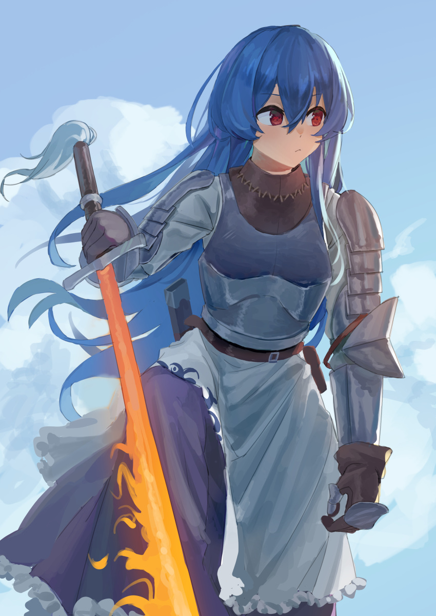1girl, absurdres, alternate_costume, armor, belt, blue_hair, breastplate, brown_belt