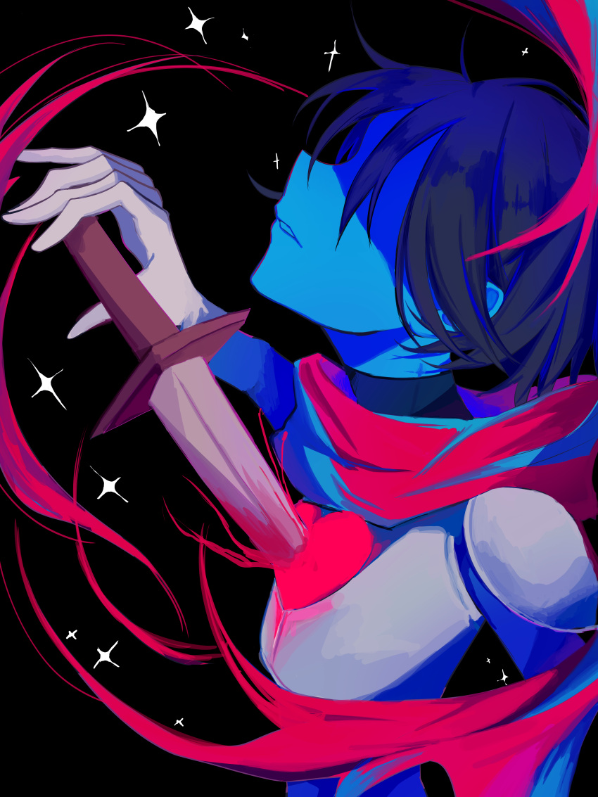 1other, absurdres, armor, black_background, blood, blood_on_weapon, blue_skin, colored_skin, commentary_request, deltarune, gloves, heart, highres, kris_(dark_world)_(deltarune), kris_(deltarune), other_focus, parted_lips, partially_shaded_face, raique, red_scarf, scarf, short_hair, soul_(deltarune), utdr_(toby_fox), weapon