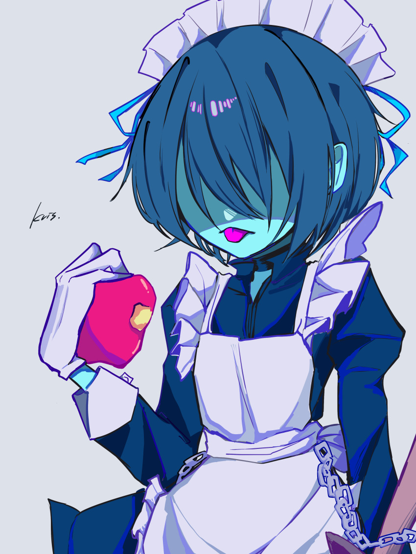 1other, absurdres, alternate_costume, apple, apron, bitten_apple, black_dress, blue_hair, blue_skin, chain, character_name, colored_skin, commentary_request, deltarune, dress, enmaided, food, food_bite, frilled_apron, frills, fruit, hair_over_eyes, highres, holding, holding_food, holding_fruit, kris_(dark_world)_(deltarune), kris_(deltarune), long_sleeves, maid, maid_headdress, other_focus, raique, solo, tongue, tongue_out, utdr_(toby_fox), white_apron
