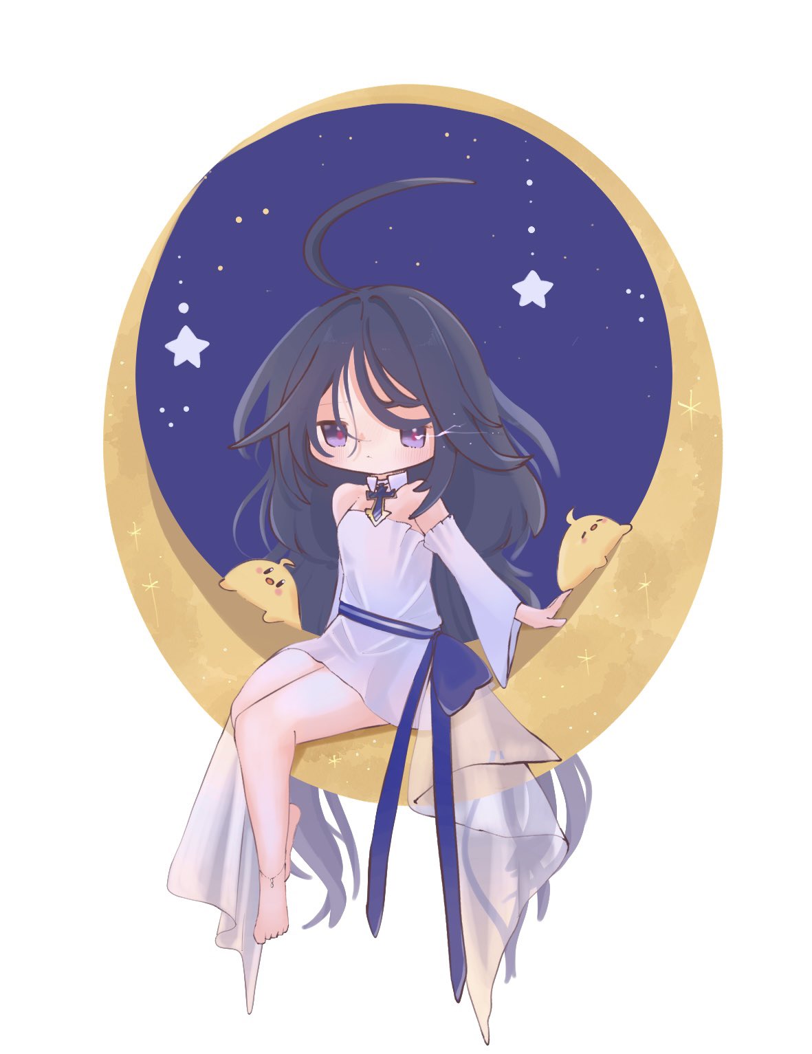 1girl, ahoge, anklet, azur_lane, barefoot, black_hair, chibi, chibi_only