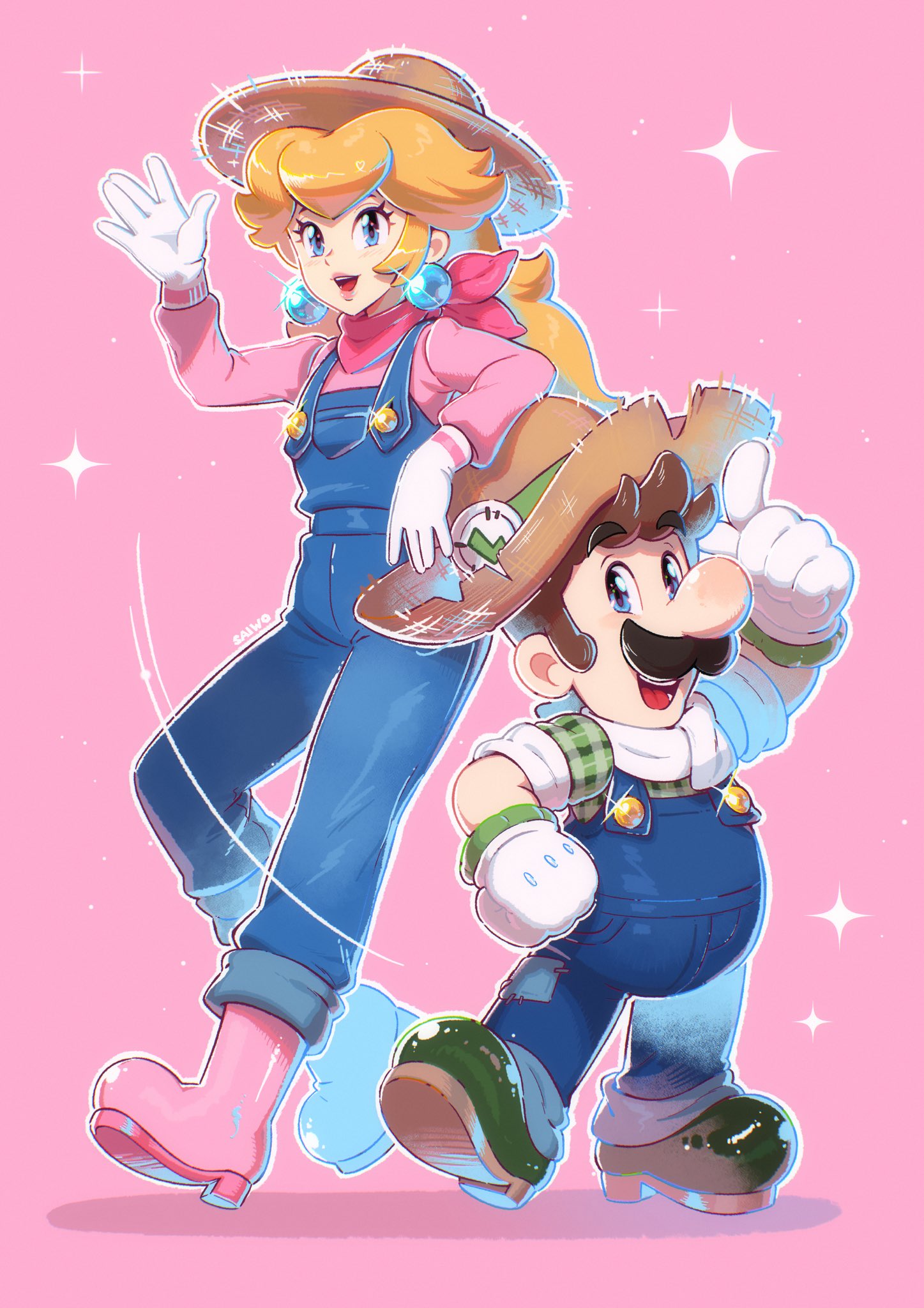 1boy, 1girl, asymmetrical_footwear, blonde_hair, blue_boots, blue_eyes, blue_overalls, boots, brown_hair, collared_shirt, earrings, facial_hair, farmer, full_body, gloves, green_boots, green_shirt, hat, highres, jewelry, long_hair, long_sleeves, luigi, luigi_(farmer), mario_kart, mario_kart_world, mismatched_footwear, mustache, open_mouth, overalls, pink_background, pink_boots, pink_shirt, princess_peach, princess_peach_(farmer), rubber_boots, saiwo_(saiwoproject), shirt, short_hair, short_sleeves, simple_background, smile, sphere_earrings, straw_hat, sun_hat, super_mario_bros., super_mario_odyssey, white_gloves