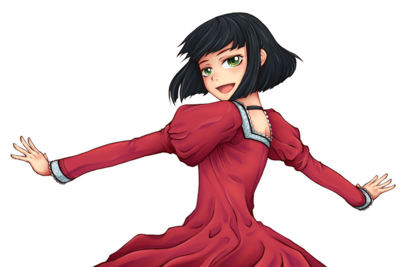 black_hair, dress, gisele_alain, gisele_alain_(character), green_eyes, highres, kyouma09, looking_back