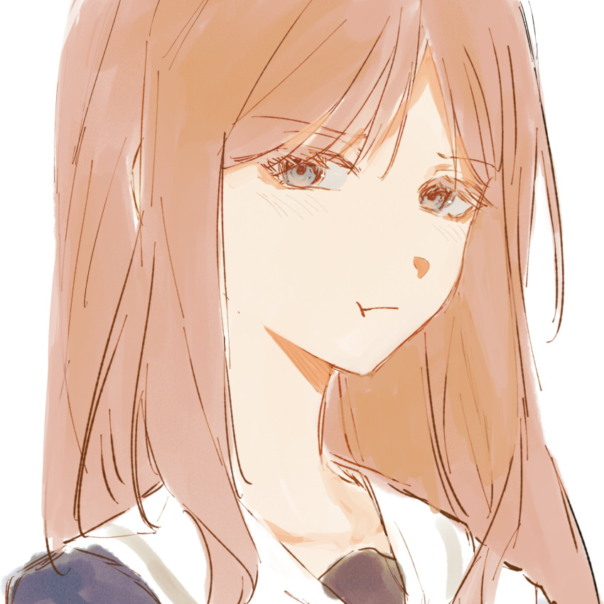 1girl, absurdres, bang_dream!, bang_dream!_it's_mygo!!!!!, blue_eyes, blush, brown_hair, closed_mouth, commentary, geosmichi77, highres, long_hair, nagasaki_soyo, portrait, pout, school_uniform, sidelocks, simple_background, solo, symbol-only_commentary, tsukinomori_school_uniform, white_background