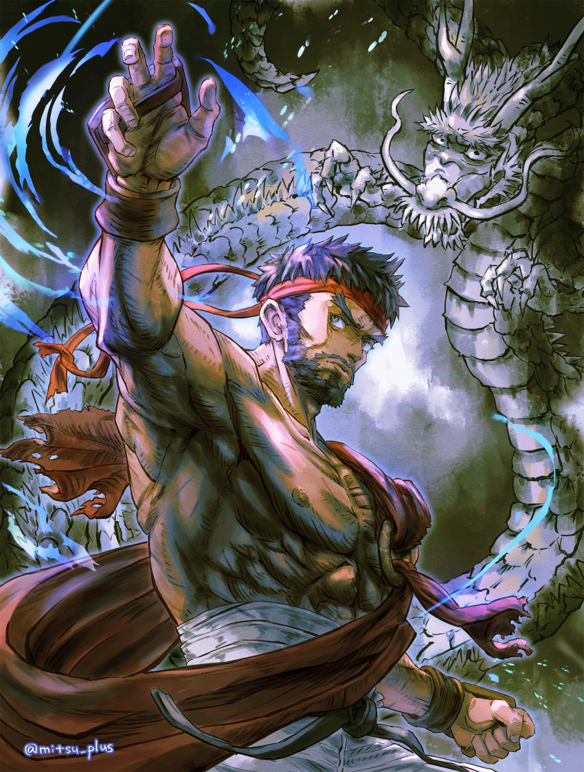 1boy, arm_up, beard, black_hair, blue_aura, clenched_hand, dougi, dragon
