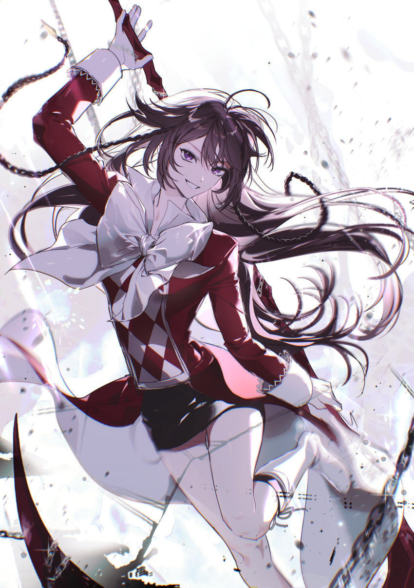 1girl, a_mongs2, abstract_background, absurdres, alice_(pandora_hearts), antenna_hair, black_skirt, boots