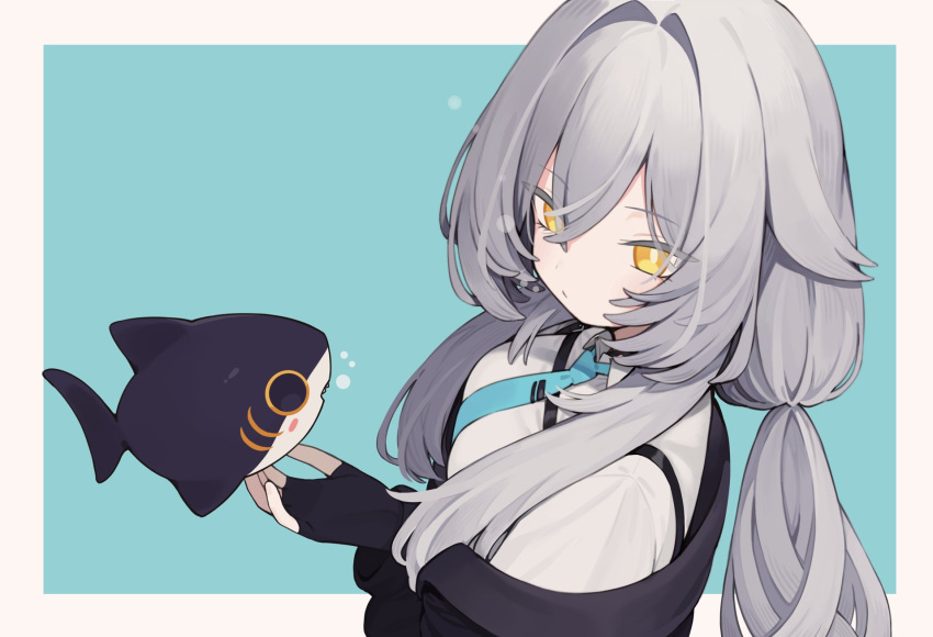 1girl, animal, animal_request, black_gloves, black_jacket, blue_background, blue_necktie, border