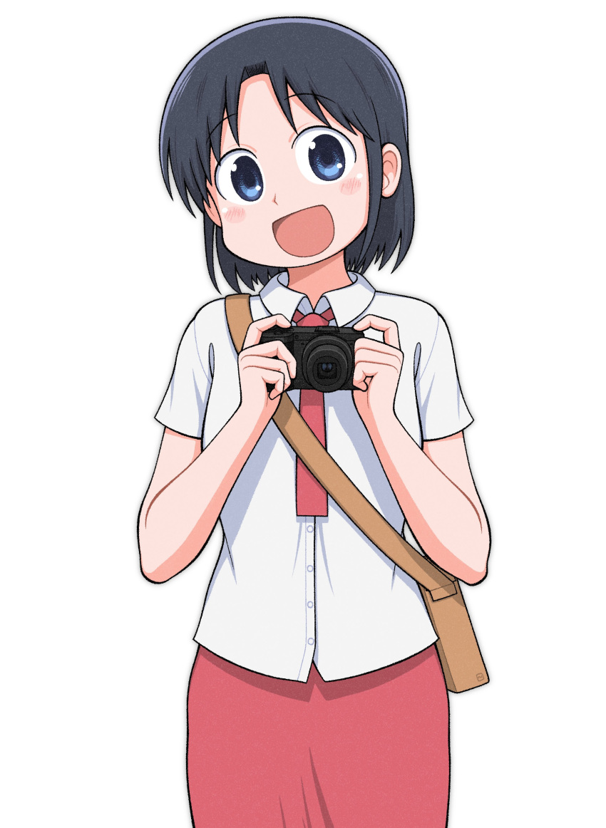 1girl, absurdres, black_hair, blue_eyes, blush, brown_bag, buttons, camera