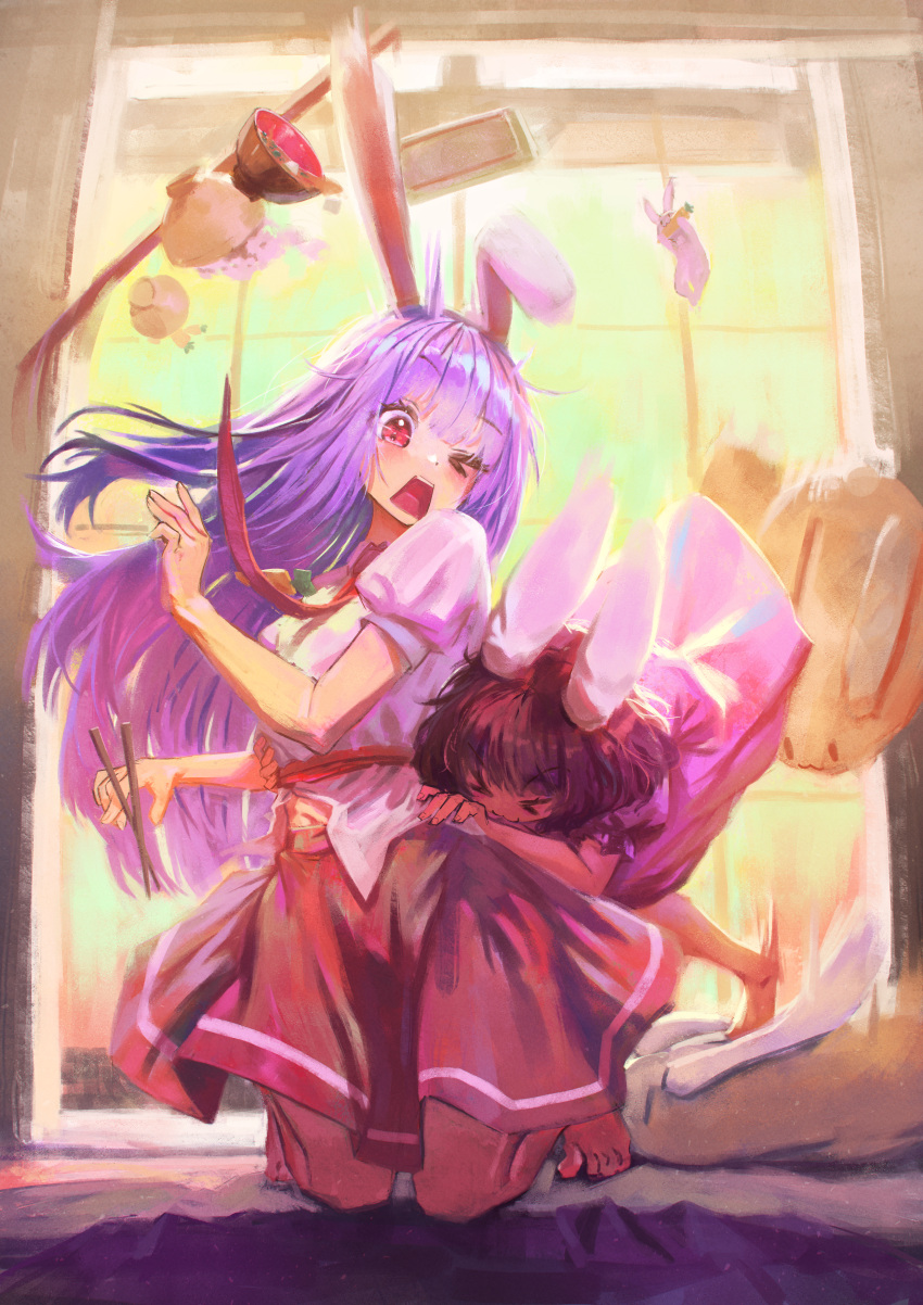 >_<, 2girls, :3, absurdres, animal_ears, animal_slippers, barefoot, black_hair