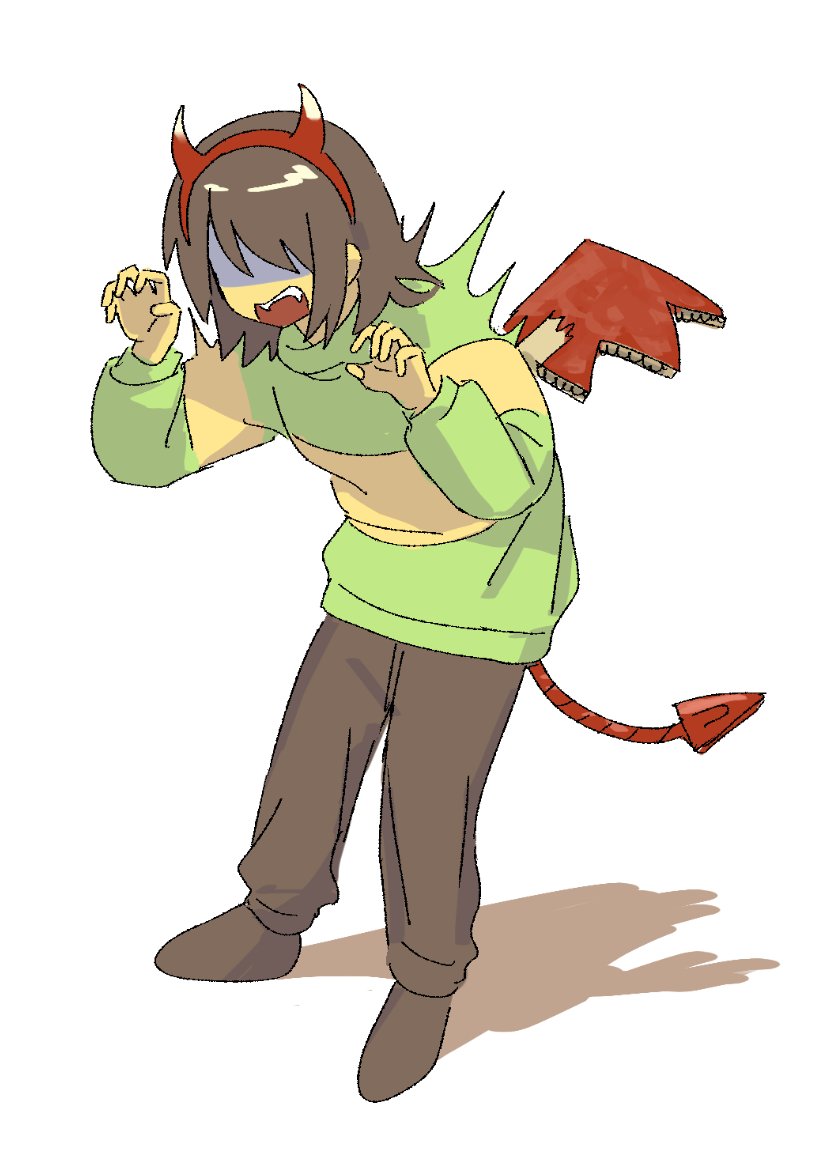 1other, brown_hair, brown_pants, brown_socks, cardboard_tail, cardboard_wings, claw_pose, covered_eyes, deltarune, fake_tail, fake_wings, fangs, full_body, green_sweater, hairband, hands_up, horn_hairband, kris_(deltarune), other_focus, pants, rasu_(pixiv9799832), red_hairband, shaded_face, short_hair, simple_background, socks, solo, standing, sweater, tail, utdr_(toby_fox), white_background, wings
