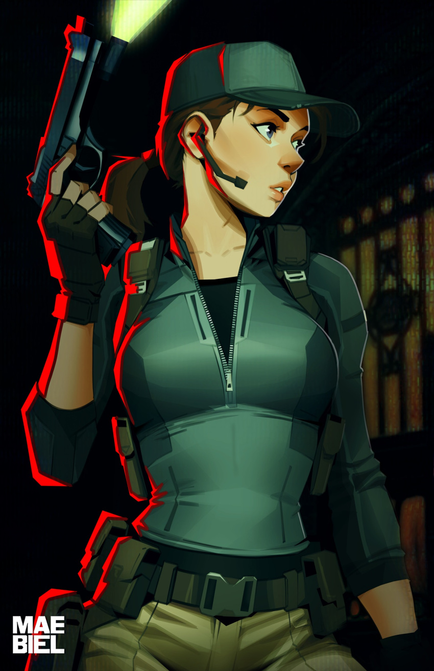 1girl, artist_name, black_gloves, blue_hat, brown_hair, fingerless_gloves, gloves, gun