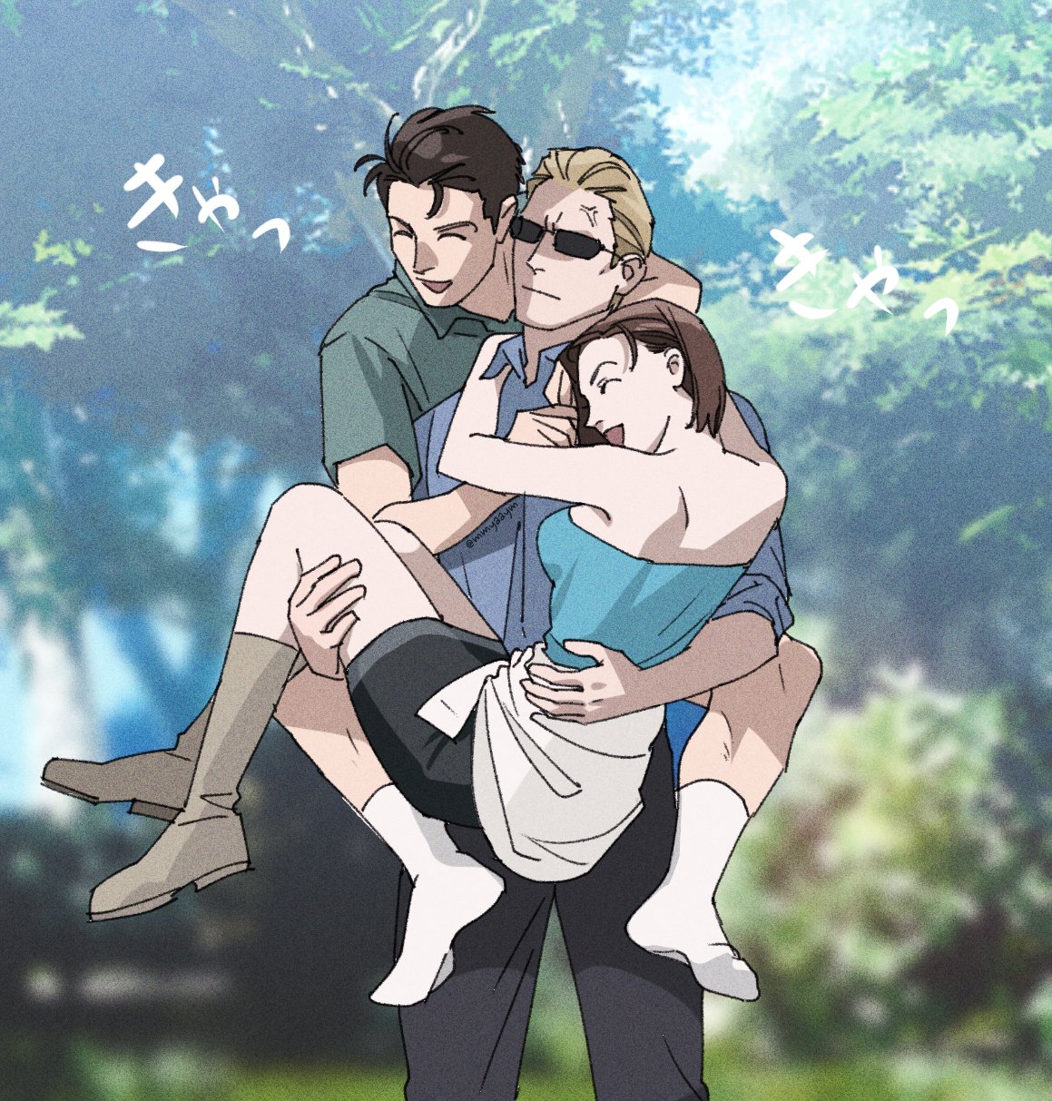1girl, 2boys, albert_wesker, anger_vein, black_hair, black_pants, black_skirt, blonde_hair