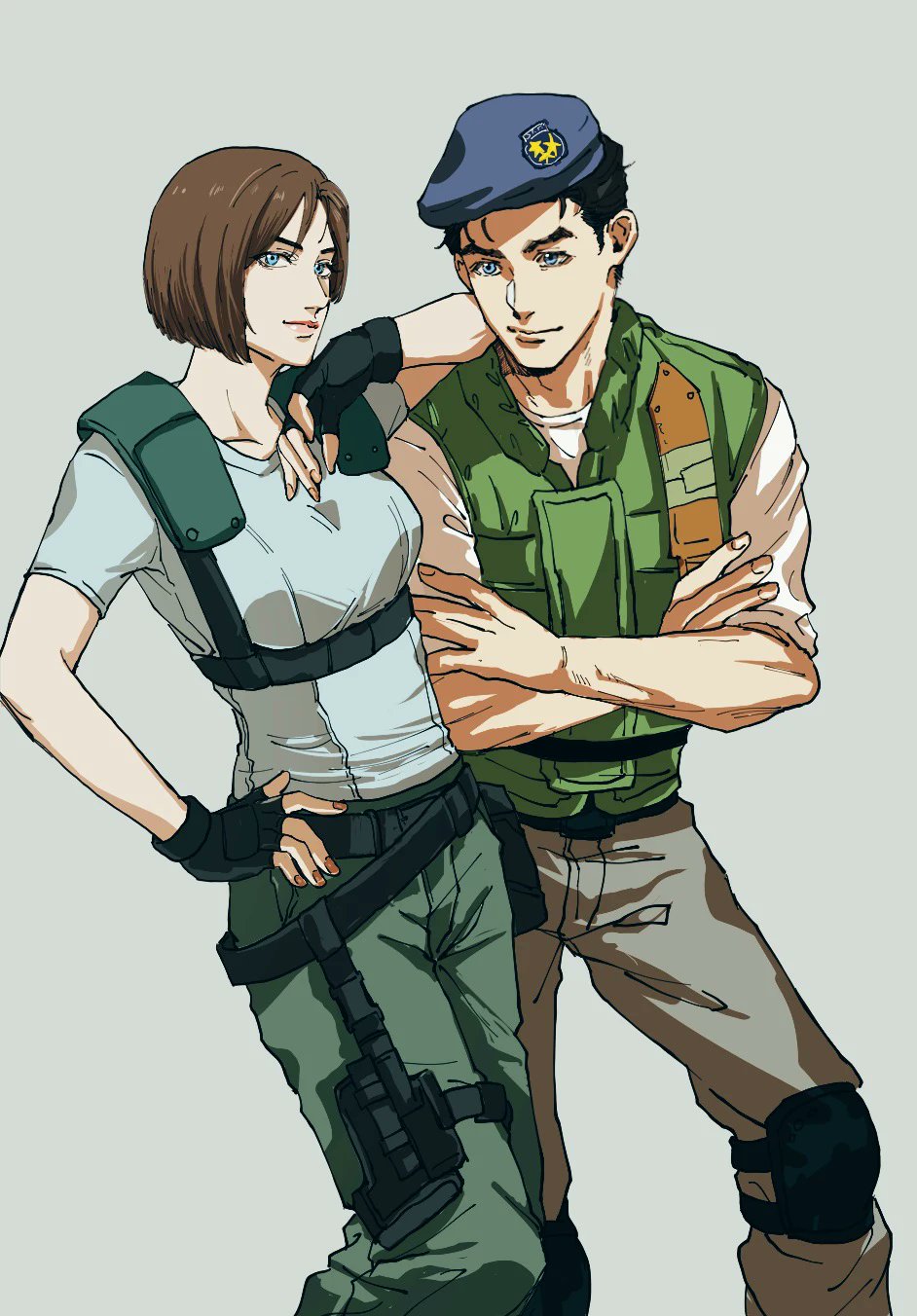 1boy, 1girl, beret, black_gloves, black_hair, blue_eyes, blue_hat, blue_pants, blue_shirt, brown_hair, chris_redfield, crossed_arms, fingerless_gloves, gloves, green_vest, grey_background, hand_on_own_hip, hat, highres, jill_valentine, mihael66, pants, resident_evil, resident_evil_1, shirt, simple_background, vest