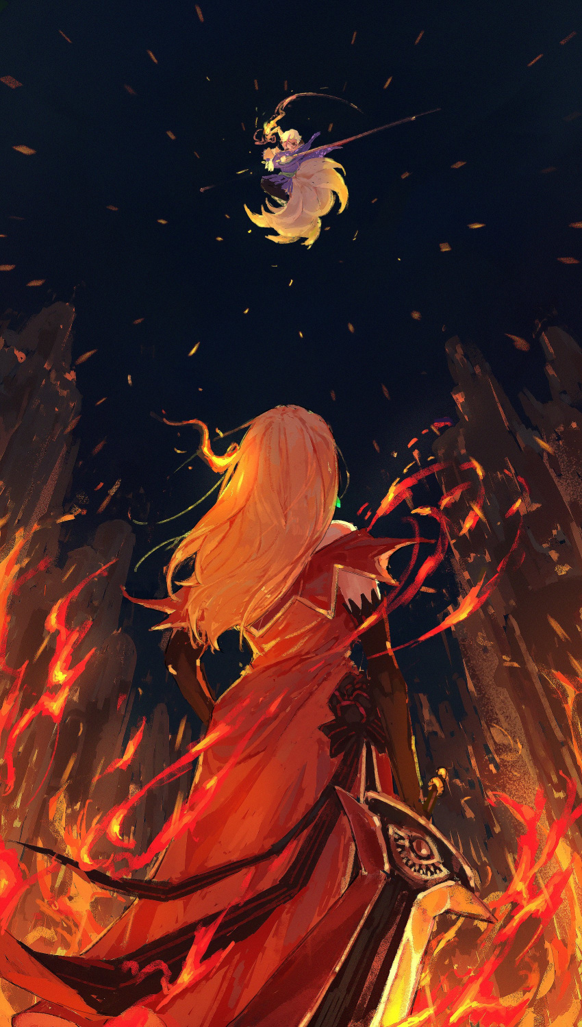 1girl, absurdres, back, battle, blonde_hair, character_request, cloak, dark_background