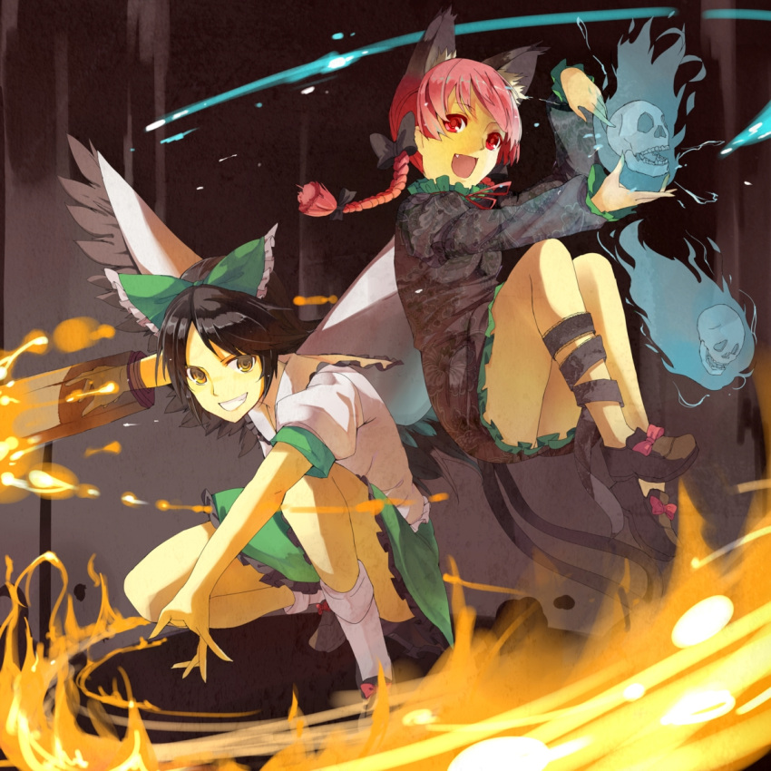 animal_ears, arm_cannon, black_dress, black_hair, bow, braid, brown_eyes, cape