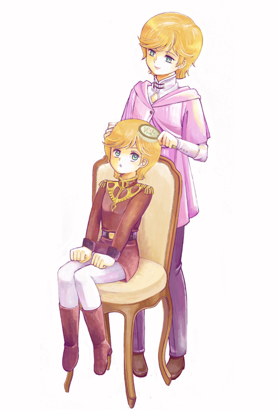 :o, amn0w0, audrey_burne, boots, chair, child, dual_persona, epaulettes, green_eyes, gundam, gundam_unicorn, gundam_zz, hair_brush, hair_brushing, military, military_uniform, mineva_lao_zabi, multiple_girls, orange_hair, pantyhose, short_hair, simple_background, sitting, smile, time_paradox, tunic, uniform, white_legwear, zeta_gundam