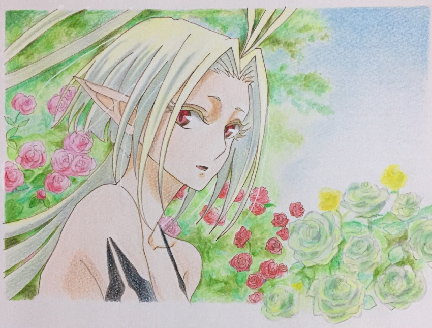 1girl, ahoge, antenna_hair, bare_shoulders, blonde_hair, blue_sky, breasts, collarbone