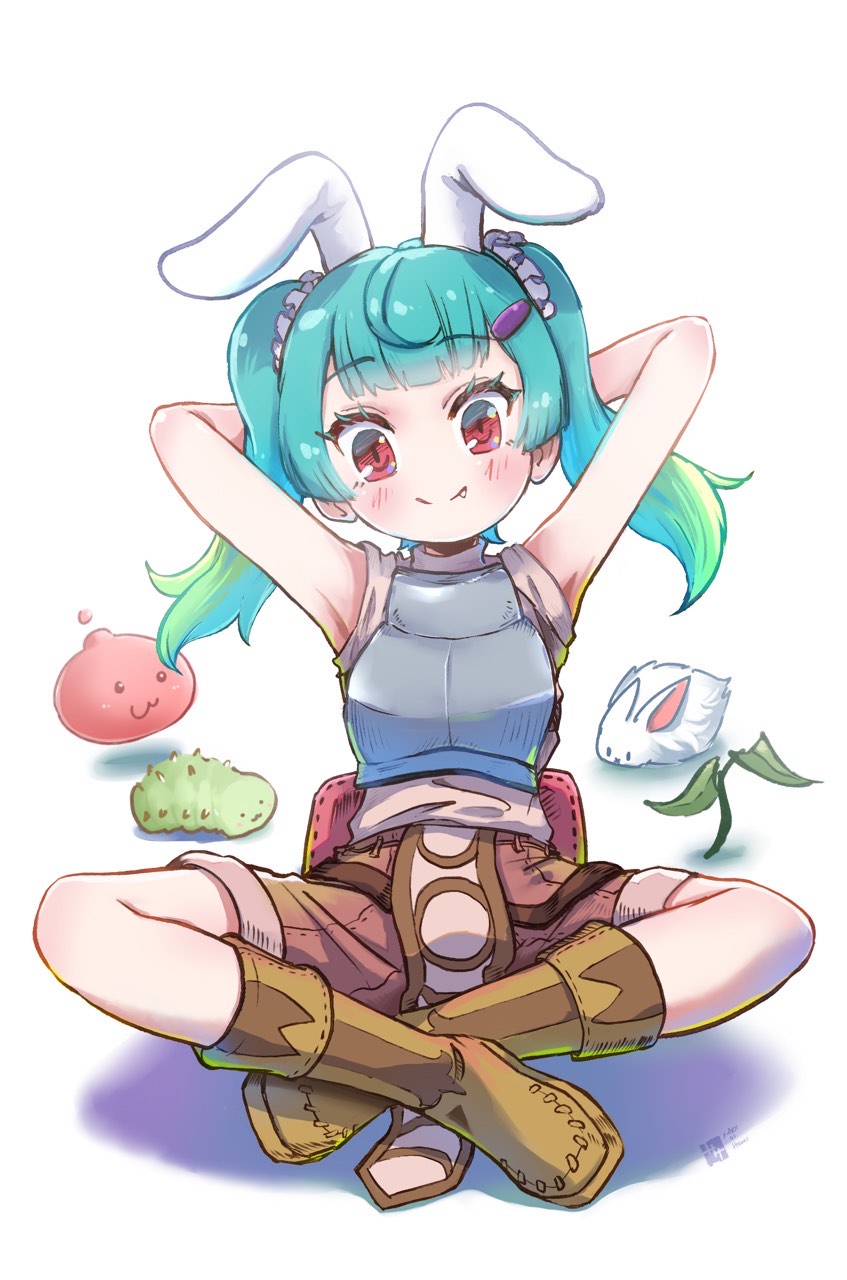 1girl, :3, animal_ears, armor, arms_behind_head, arms_up, blue_hair, blunt_bangs