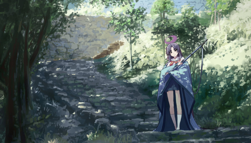 1girl, blue_archive, blue_haori, blue_skirt, closed_mouth, desuyone0502, gun, halo