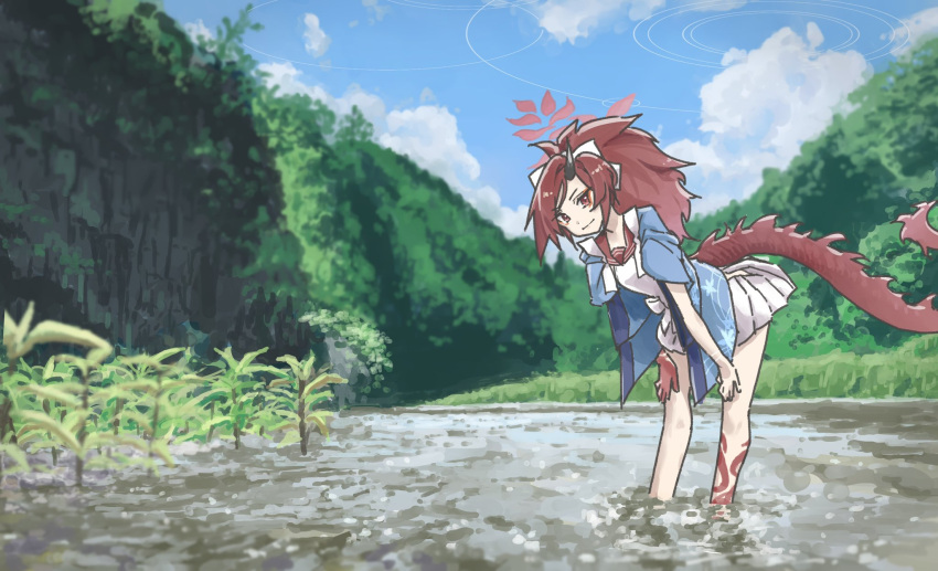 1girl, bent_over, blue_archive, blue_haori, desuyone0502, dragon_girl, dragon_horns, dragon_tail