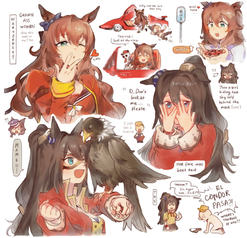 1boy, 2girls, animal_ears, animal_on_arm, bird, bird_on_arm, black_sailor_collar, black_skirt
