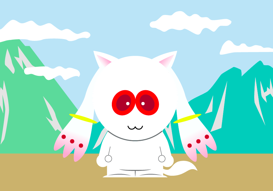 1other, :3, animal_ears, bang_color, blue_sky, cat_ears, female, hobunsha, kemonomimi, kyubey, mahou_shoujo_madoka_magica, matt_stone_(style), mountain, nekomimi, parody, red_eyes, shaft_(studio), sky, solo, south_park, style_parody, tail, trey_parker_(style), viacom