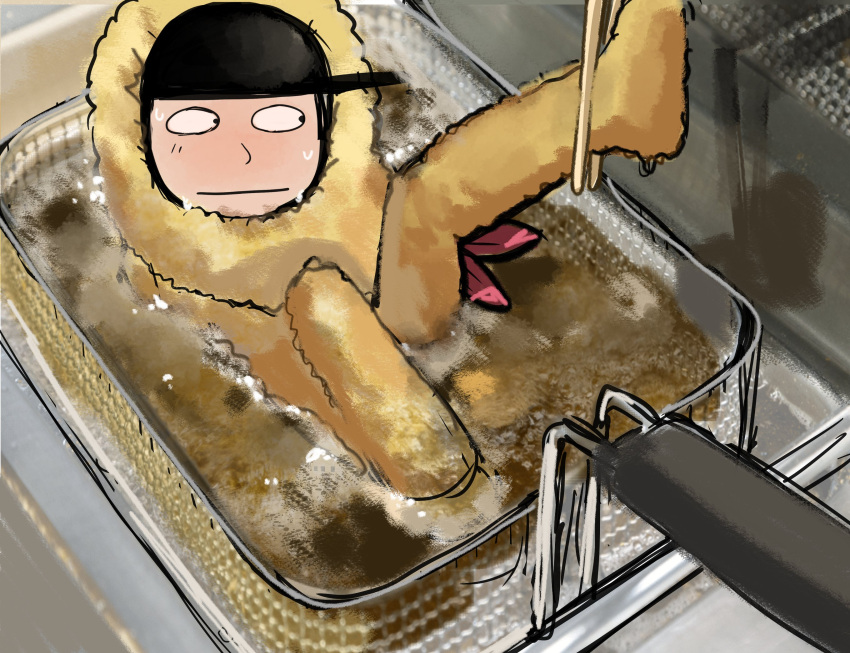 black_hat, blank_eyes, blush, canihavepromo, cooking_oil, deep_fry_basket, deep_frying, expressionless