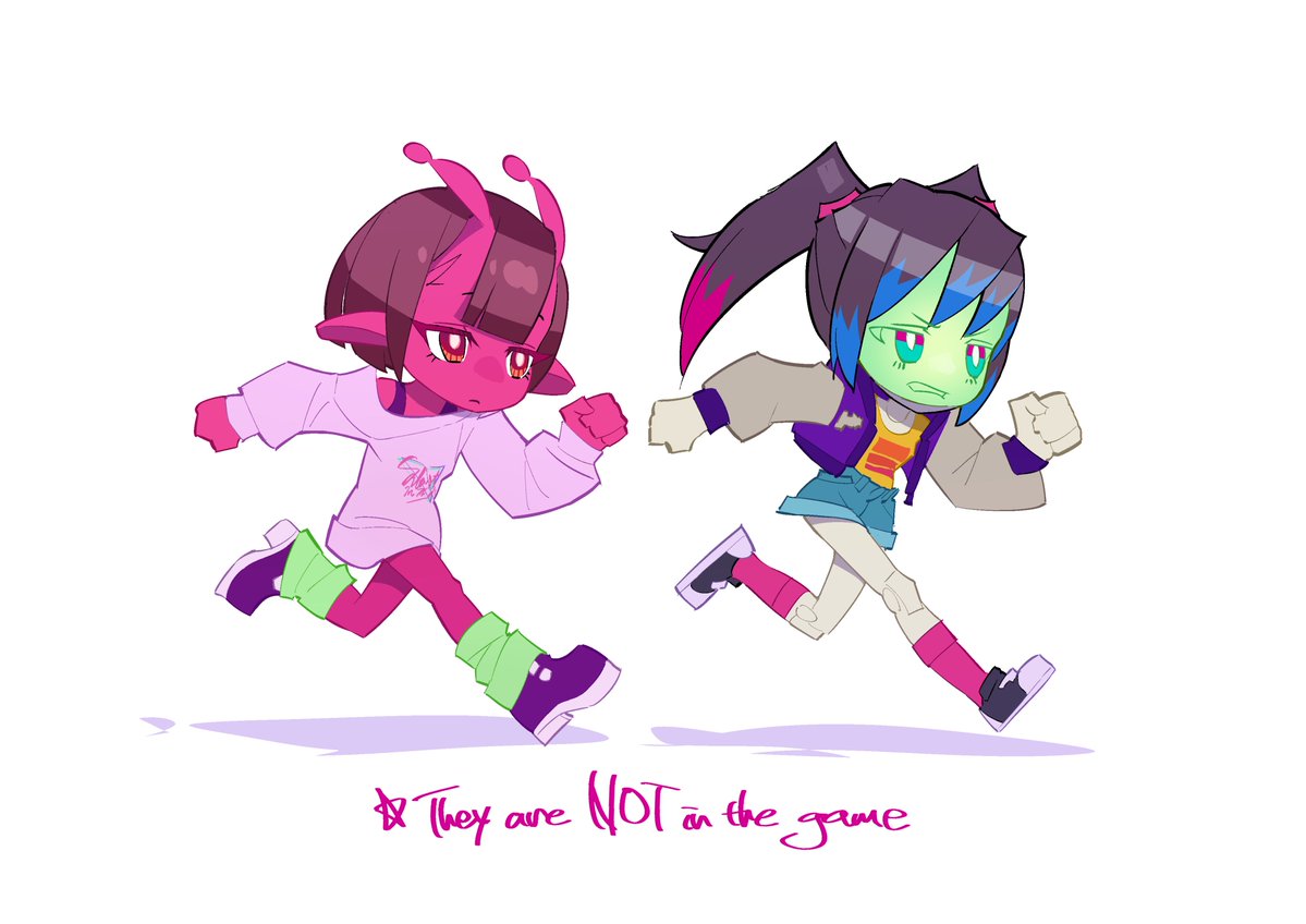 2girls, alien, android, anime_coloring, antennae, bare_shoulders, black_hair, black_shoes