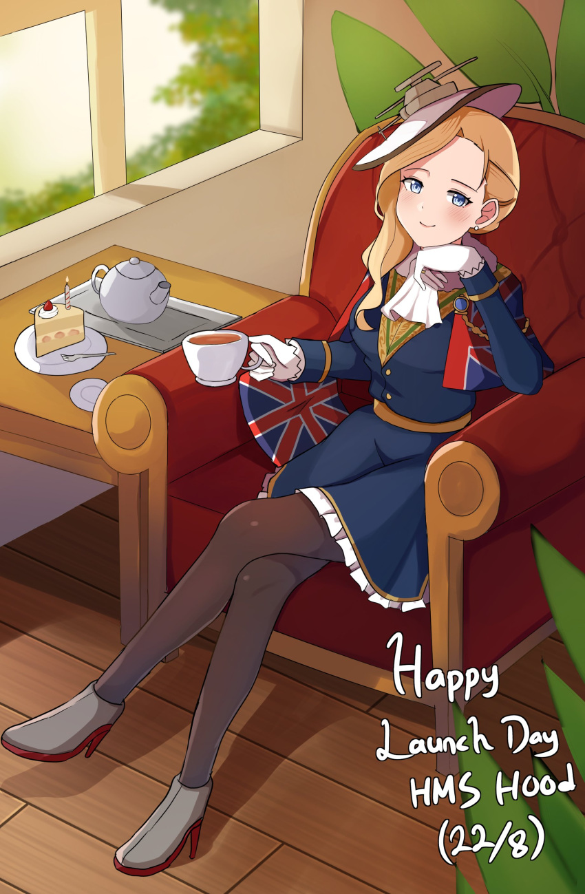 1girl, absurdres, ankle_boots, azur_lane, blonde_hair, blue_capelet, blue_dress, blue_eyes