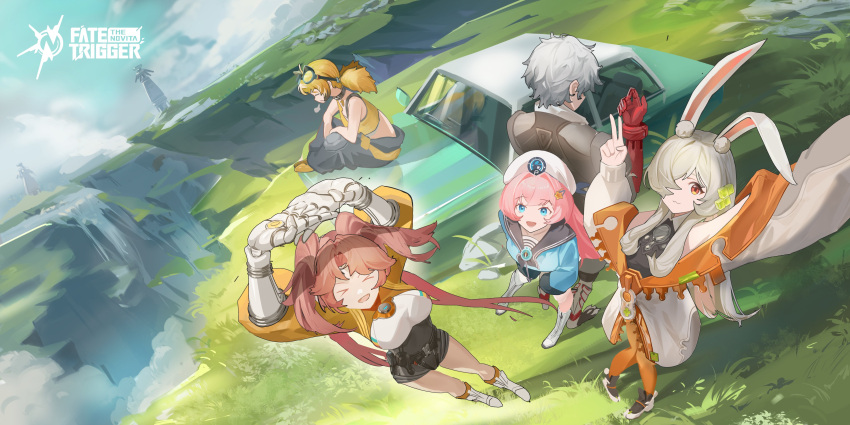 1boy, 4girls, absurdres, animal_ears, bare_shoulders, blonde_hair, blue_eyes, eos_(trigger_of_fate_the_novita)