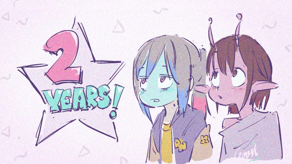 !, 2girls, alien, android, anniversary, antennae, black_hair, blue_hair