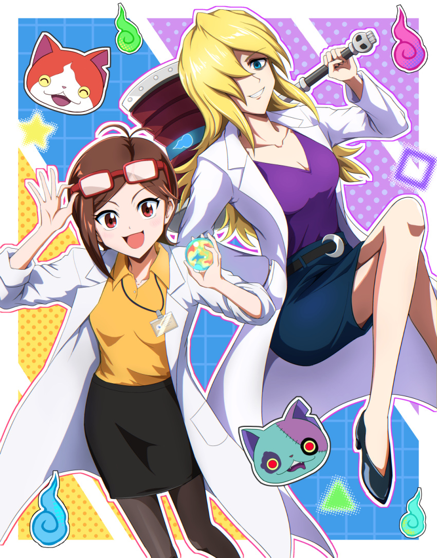 2boys, 2girls, antenna_hair, belt, black_skirt, blonde_hair, blue_eyes, blue_skirt, brown_hair, cat, colorful_background, crescent_belt_buckle, daimon-kyoju, diamond_(shape), goggles, goggles_on_head, hair_over_one_eye, hammer, high_heels, highres, hitodama, holding, holding_hammer, holding_orb, jibanyan, jibazonbinyan, lab_coat, long_hair, mamiya_myanmar, multiple_boys, multiple_girls, name_tag, orange_shirt, orb, purple_shirt, red_eyes, red_goggles, riri_furanshi-hakase, shirt, short_hair, skirt, smile, smirk, star_(symbol), stiletto_heels, thigh-highs, triangle, very_long_hair, youkai_(youkai_watch), youkai_watch, youkai_watch_3, zombie