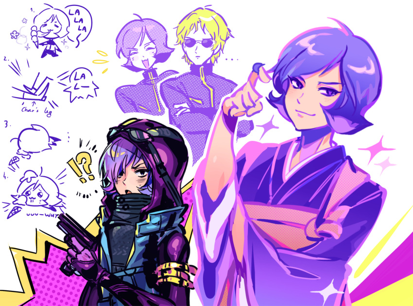 !?, 2boys, anzu_(anzuhan), blonde_hair, char's_daily_life, char_aznable, chibi, cosplay, dohna_dohna_issho_ni_warui_koto_o_shiyou, food, garma_zabi, gun, gundam, highres, holding, holding_gun, holding_weapon, hood, hood_up, ice_cream, ice_cream_cone, ice_cream_cone_spill, japanese_clothes, kuma_(dohna_dohna), kuma_(dohna_dohna)_(cosplay), male_focus, multiple_boys, multiple_scoops, multiple_views, purple_hair, short_hair, sparkle, sunglasses, violet_eyes, weapon