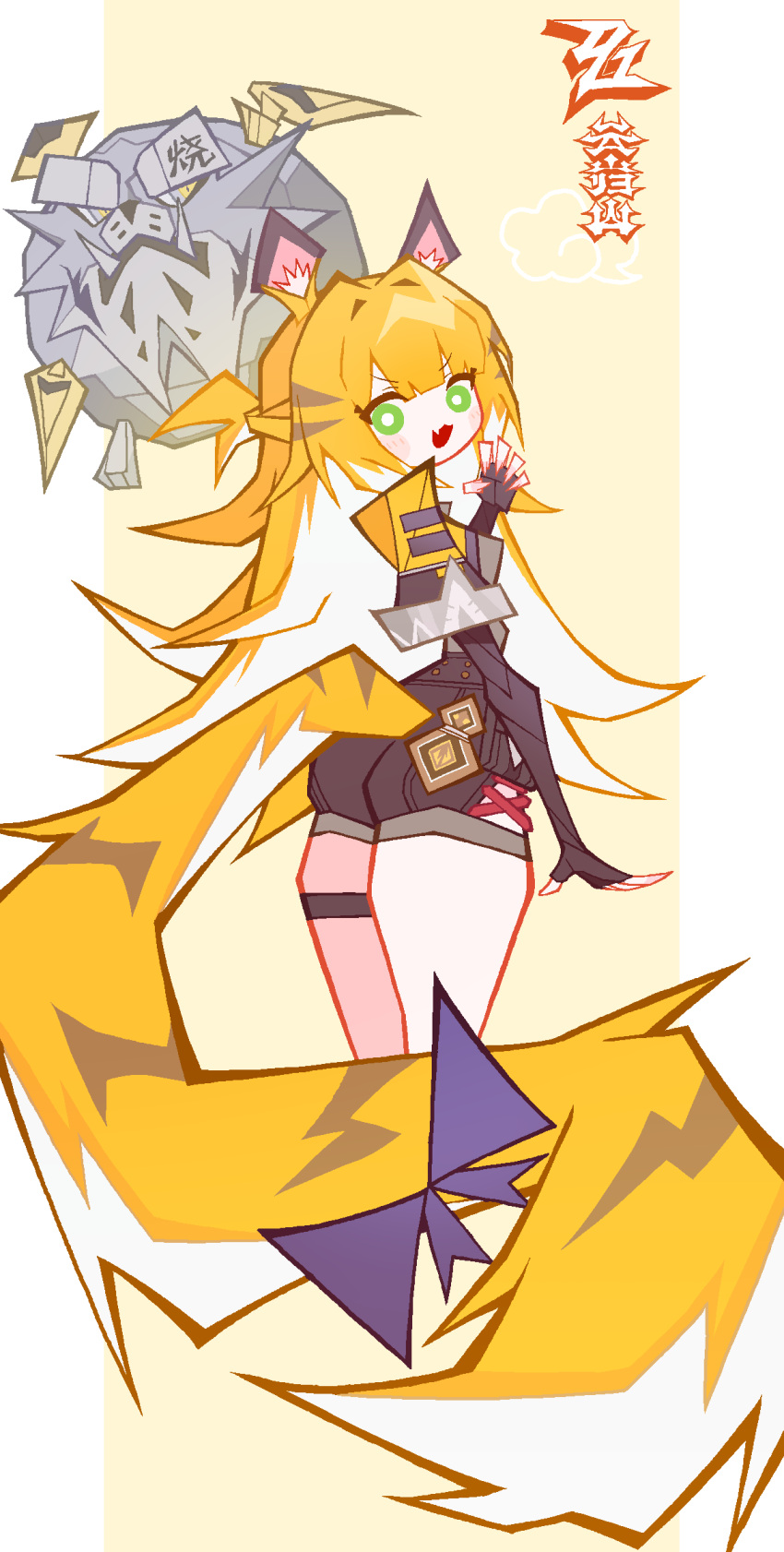 1girl, absurdres, animal_ear_fluff, animal_ears, black_gloves, black_shirt, black_shorts, blonde_hair