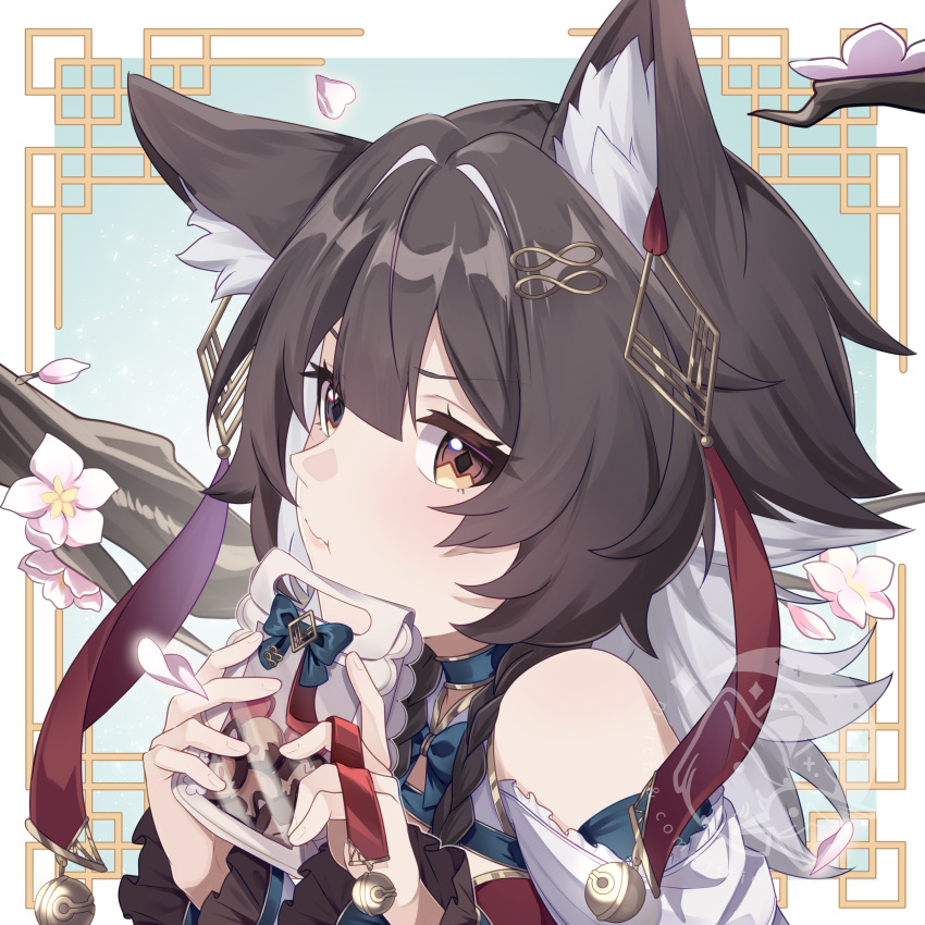 1girl, absurdres, animal_ears, blush, book, bow, braid, brown_hair