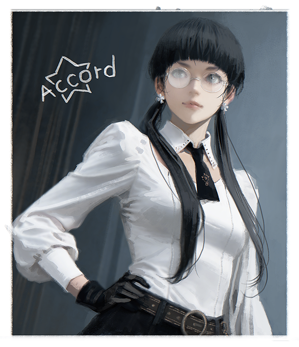 1girl, accord, black_gloves, black_hair, black_necktie, blunt_bangs, character_name, commentary
