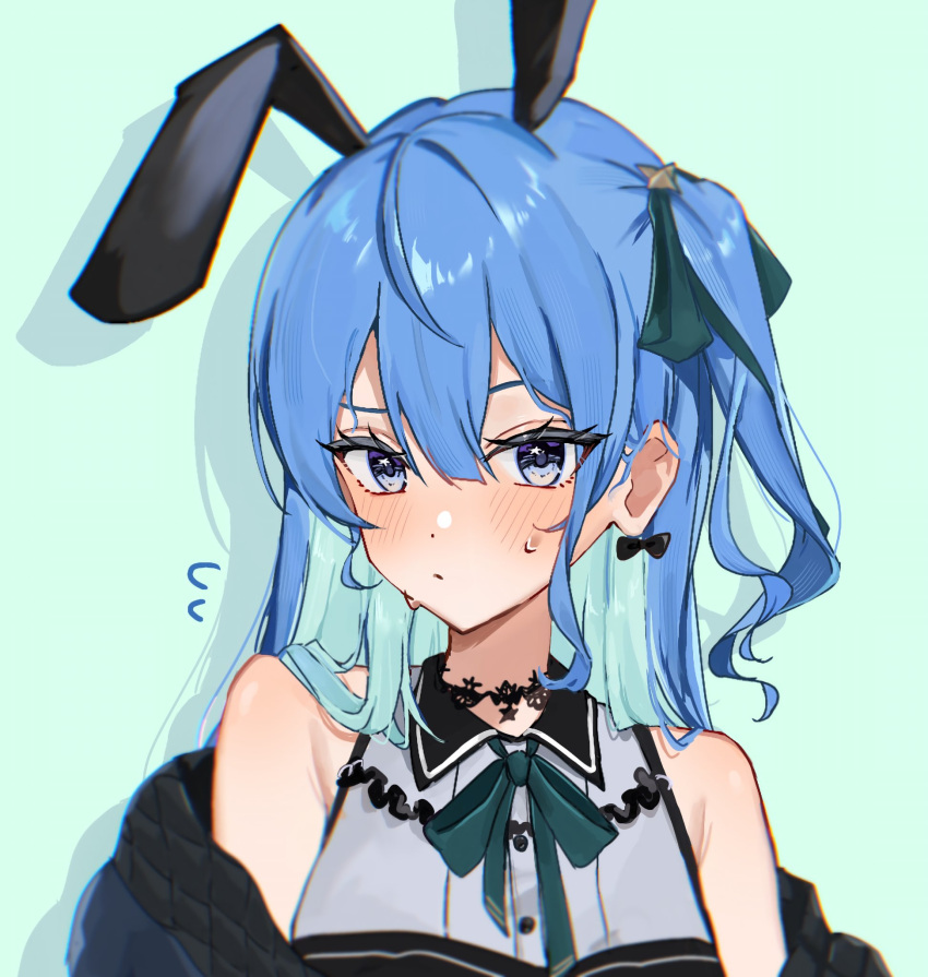 1girl, animal_ears, aqua_background, aqua_hair, bare_shoulders, blue_eyes, blue_hair, collared_shirt