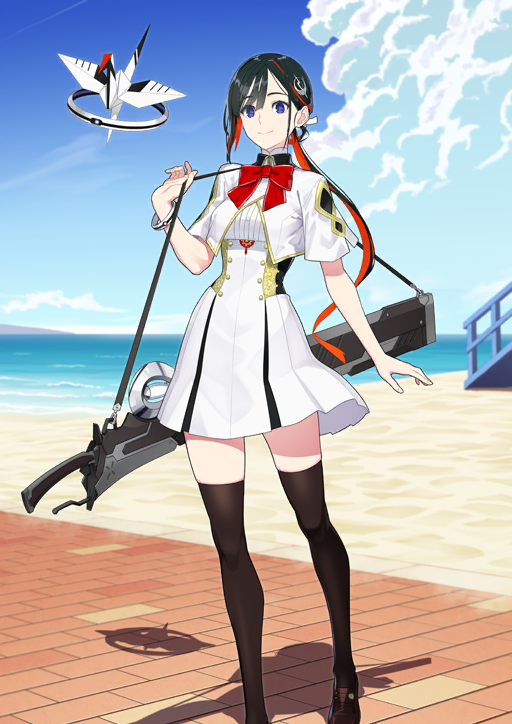 1girl, arm_at_side, beach, black_hair, blue_eyes, blue_sky, bow, bowtie