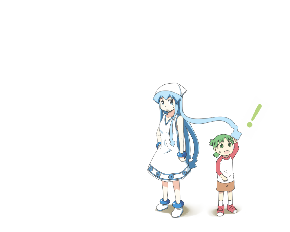 2girls, blue_eyes, blue_hair, bracelet, child, crossover, dress, green_eyes, green_hair, hat, ikamusume, jewelry, kaka_(kirby126), koiwai_yotsuba, multiple_girls, open_mouth, quad_tails, raglan_sleeves, shinryaku!_ikamusume, short_hair, shorts, simple_background, tentacle, tentacle_hair, tentacles, yotsubato!