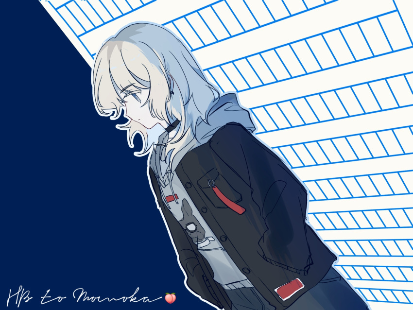 1girl, achadtea, black_choker, black_jacket, chinese_commentary, choker, closed_mouth, commentary_request, drawstring, dutch_angle, expressionless, girls_band_cry, grey_eyes, grey_hair, grey_hoodie, hands_in_pockets, happy_birthday, highres, hood, hoodie, jacket, kawaragi_momoka, long_hair, long_sleeves, multicolored_hair, peach_emoji, roots_(hair), solo, upper_body