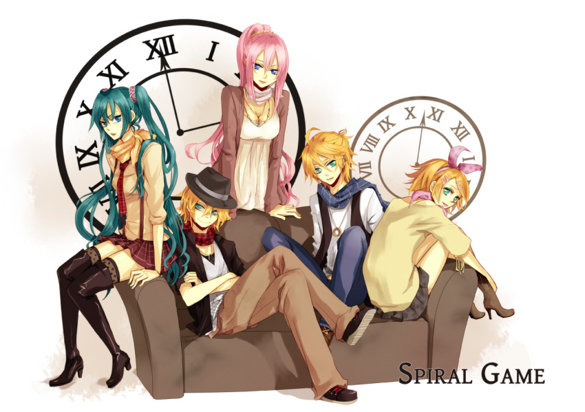 ahoge, aqua_eyes, blonde_hair, blue_eyes, boots, female, green_eyes, green_hair