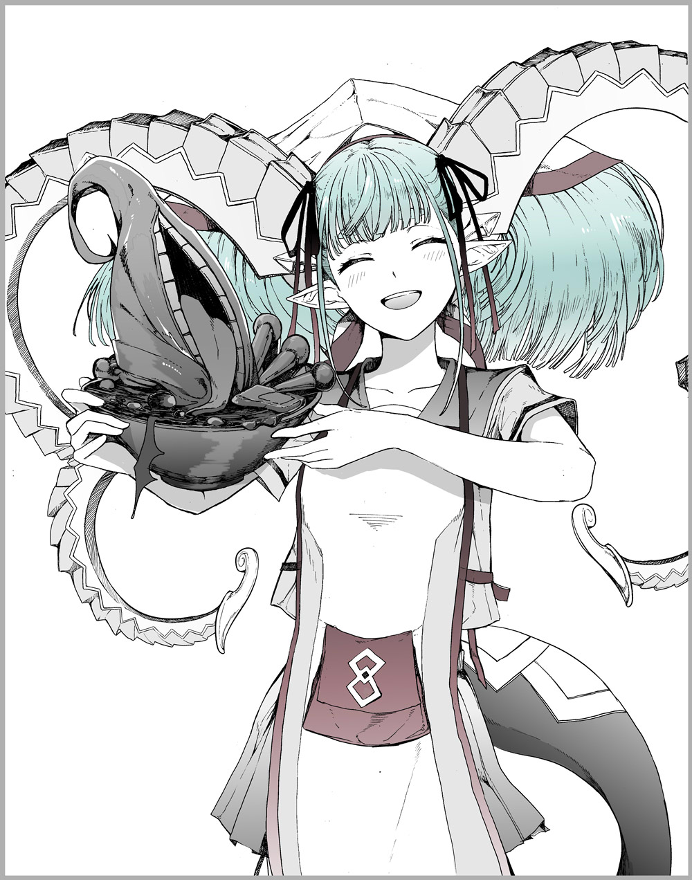 1girl, aqua_hair, bowl, closed_eyes, commentary_request, cowboy_shot, facing_viewer, fate/grand_order