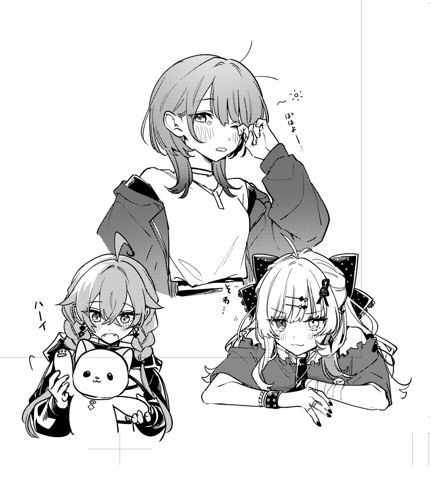 3girls, :3, absurdres, ahoge, blush, bow, braid, closed_mouth