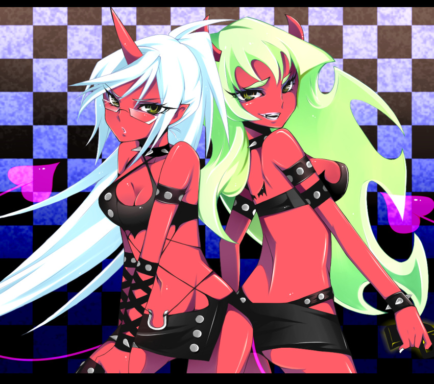 bad_id, blue_hair, cleavage, demon_girl, fang, glasses, green_hair, horn, horns, kneesocks_(character), kneesocks_(psg), long_hair, multiple_girls, panty_&amp;_stocking_with_garterbelt, red_skin, richard, scanty, scanty_(psg), siblings, sisters, thigh-highs, thighhighs, weapon, yellow_eyes